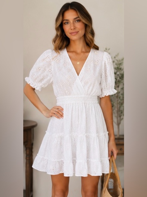 Wayf Reese White Eyelet Smocked Waist Tiered Mini Dress Xs
